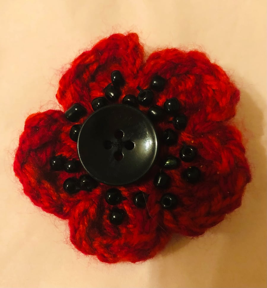Handmade crochet red flower poppy brooch embellished with seed beads
