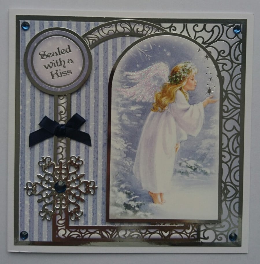 Christmas Card Angel Sealed with a Kiss Snowflake 3D Luxury Handmade Card