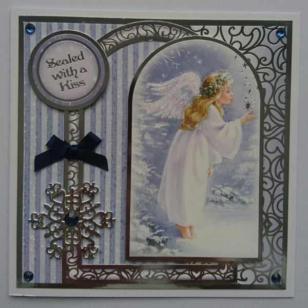 Christmas Card Angel Sealed with a Kiss Snowflake 3D Luxury Handmade Card