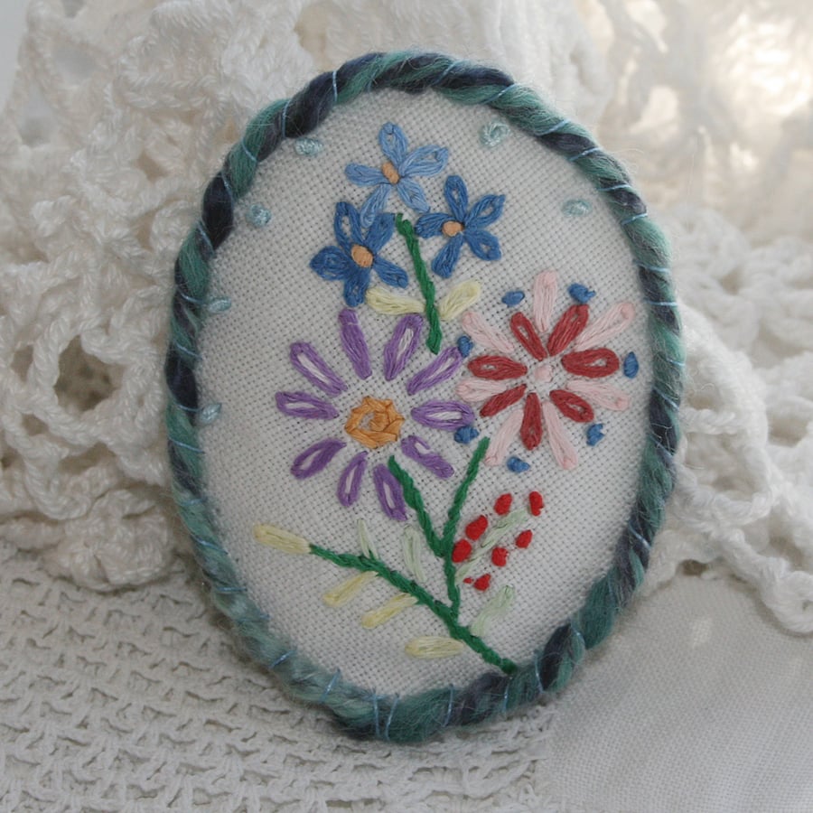 SALE Oval Brooch - flower posy from recycled linen