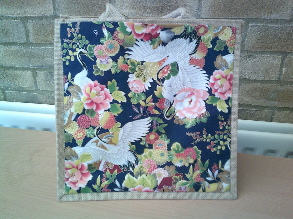Medium Jute Bag with Japanese Cranes and Flowers on a Navy Blue Background