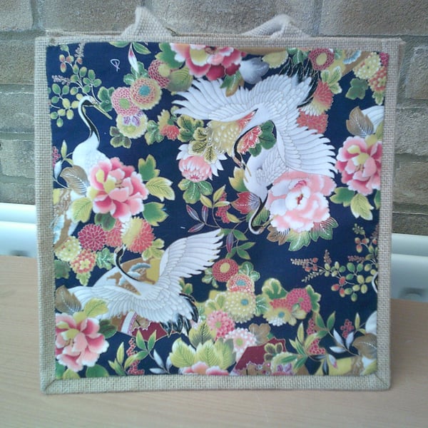 Medium Jute Bag with Japanese Cranes and Flowers on a Navy Blue Background