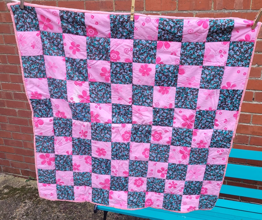 Homemade Pink,green Patchwork quilt. 35" x 35"