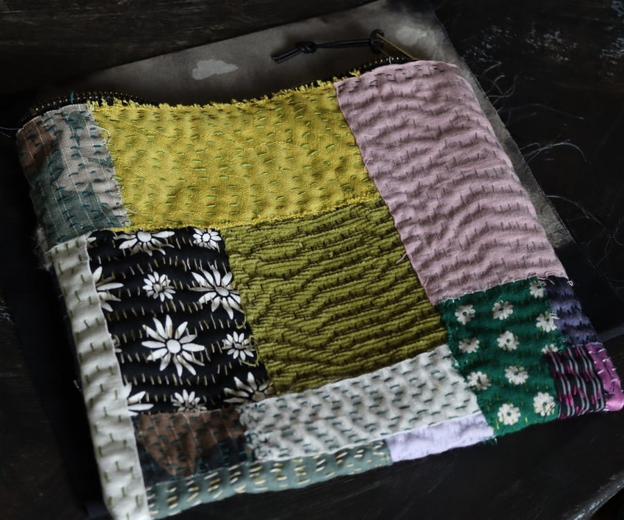 slow stitched scrappy pouch - handmade cloth bag