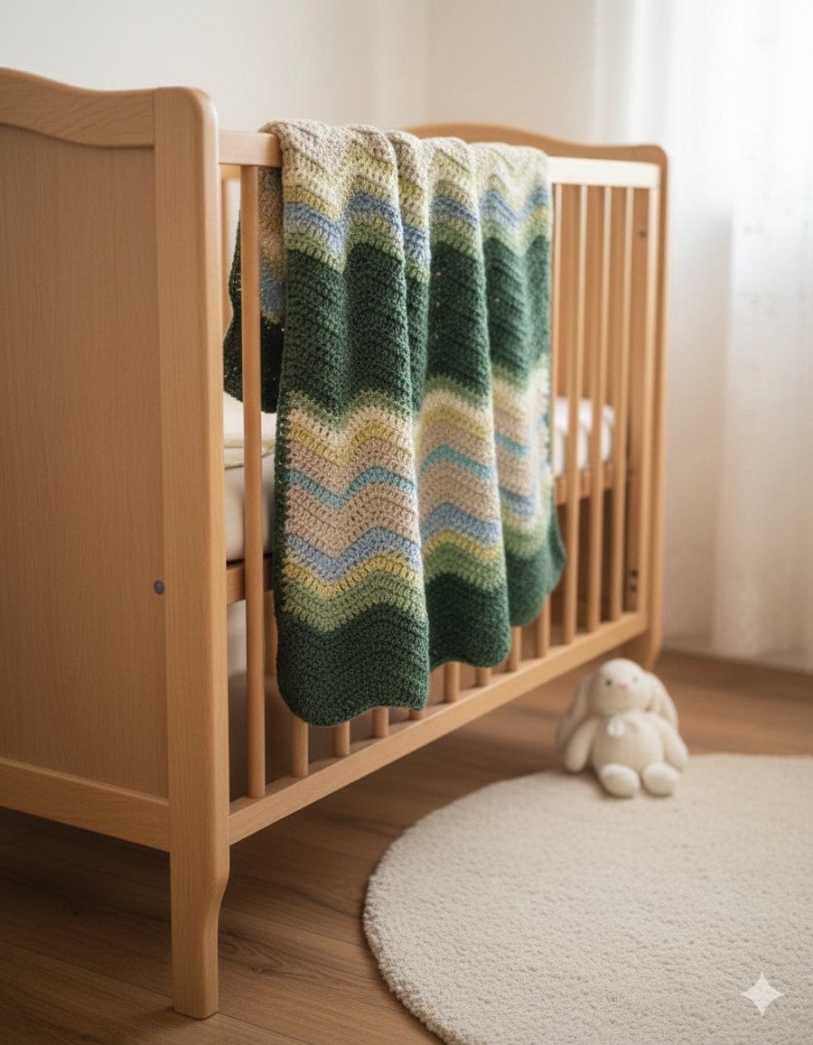 Crochet baby blanket, striped sage, aqua marine & beige. newborn gfts