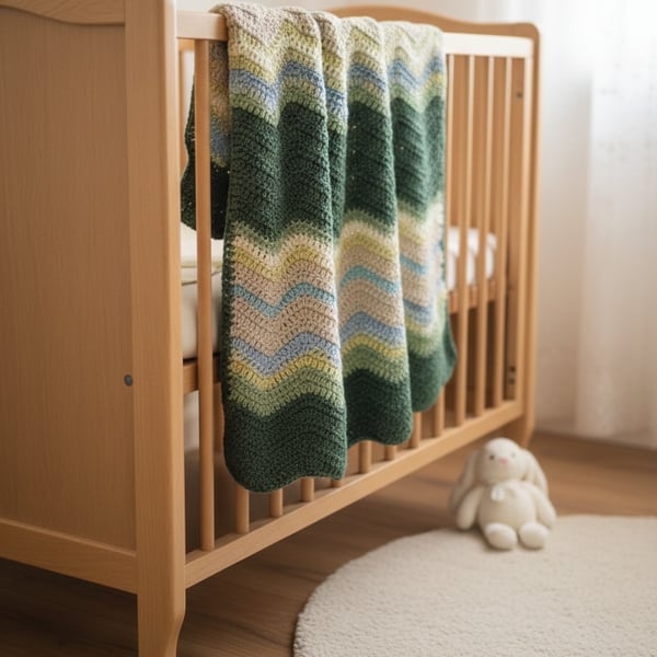 Crochet baby blanket, striped sage, aqua marine & beige. newborn gfts