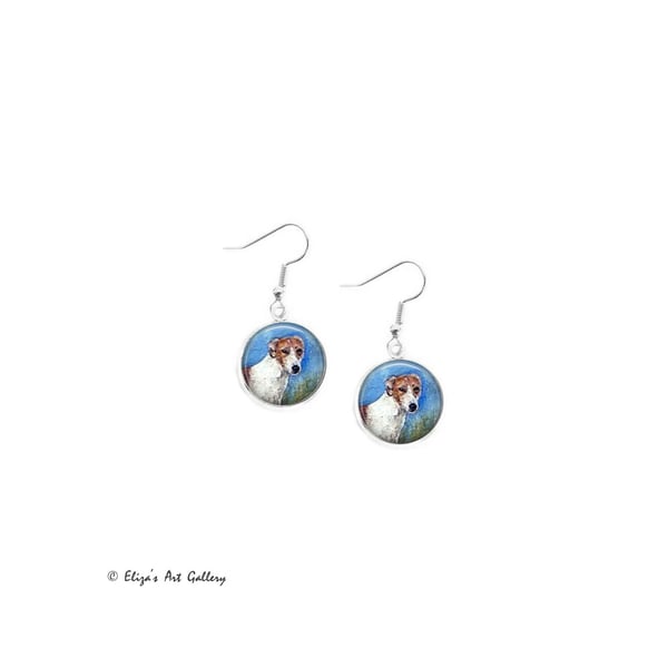 Silver Plated Greyhound Dog Art Cabochon Earrings