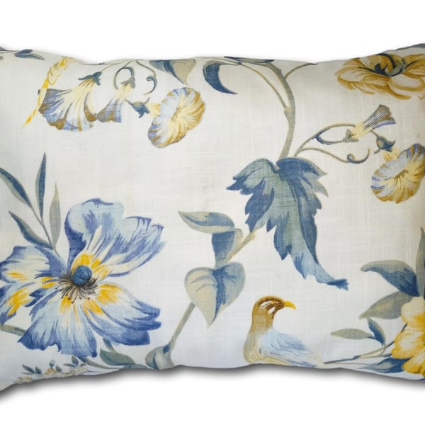 Cream Canvas Cushion, 56cmx39cm, Flora & Bird Print, Concealed Zip Fastening