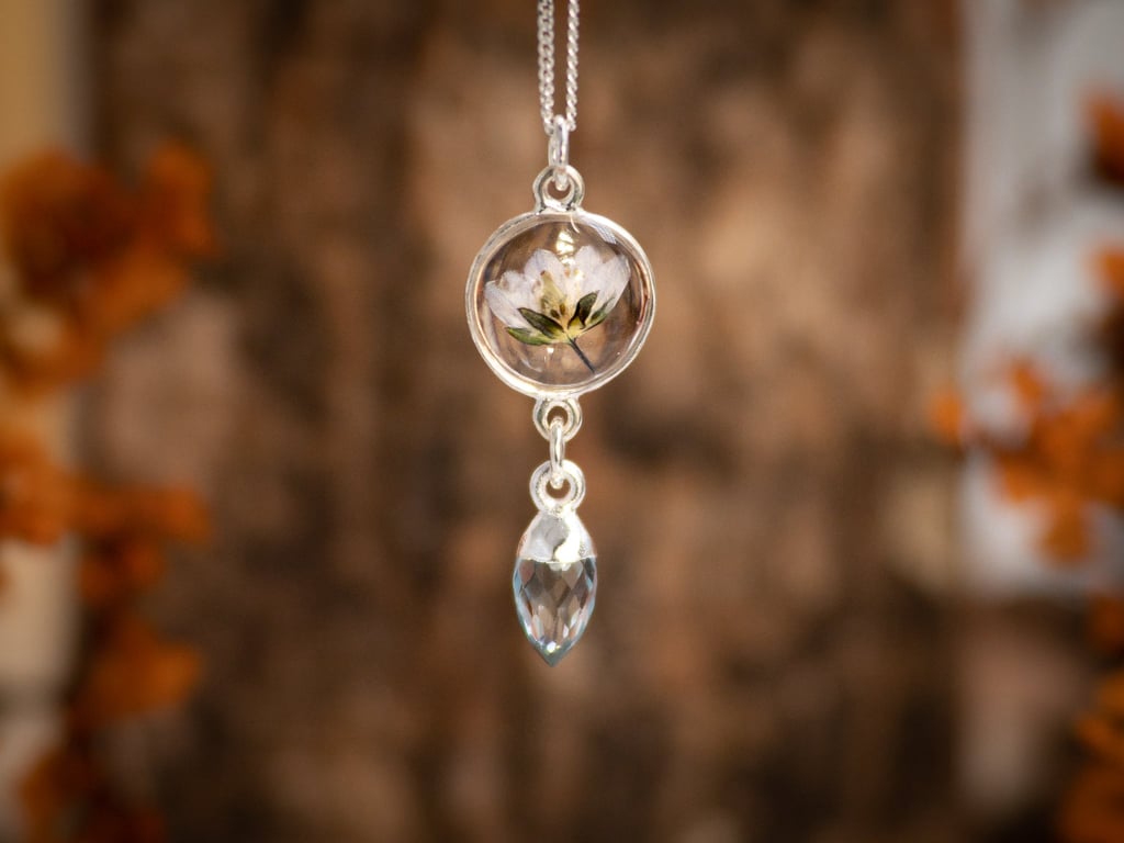 Sky BLUE TOPAZ & Real Flower Necklace, Sterling Silver Botanical Jewellery