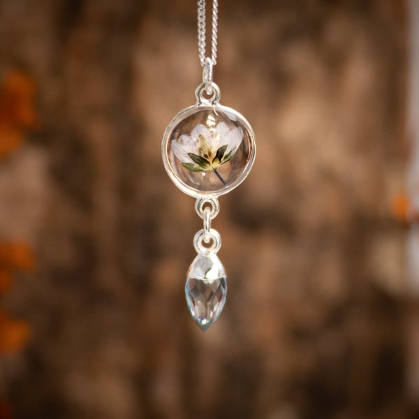 Sky BLUE TOPAZ & Real Flower Necklace, Sterling Silver Botanical Jewellery