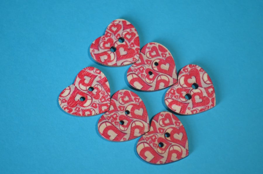 Wooden Heart Buttons Red Heart 6pk 25x22mm (H30)