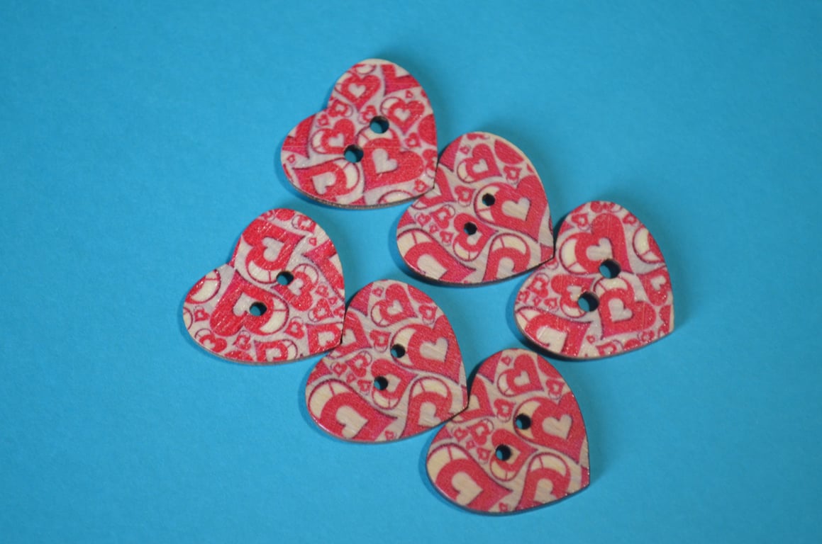 Wooden Heart Buttons Red Heart 6pk 25x22mm (H30)