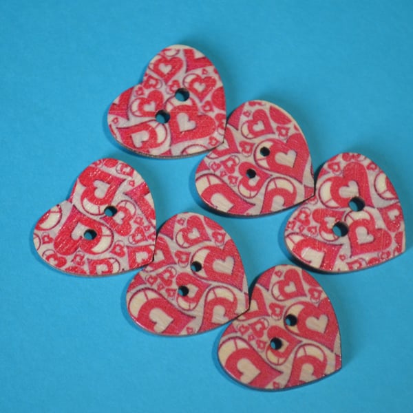 Wooden Heart Buttons Red Heart 6pk 25x22mm (H30)