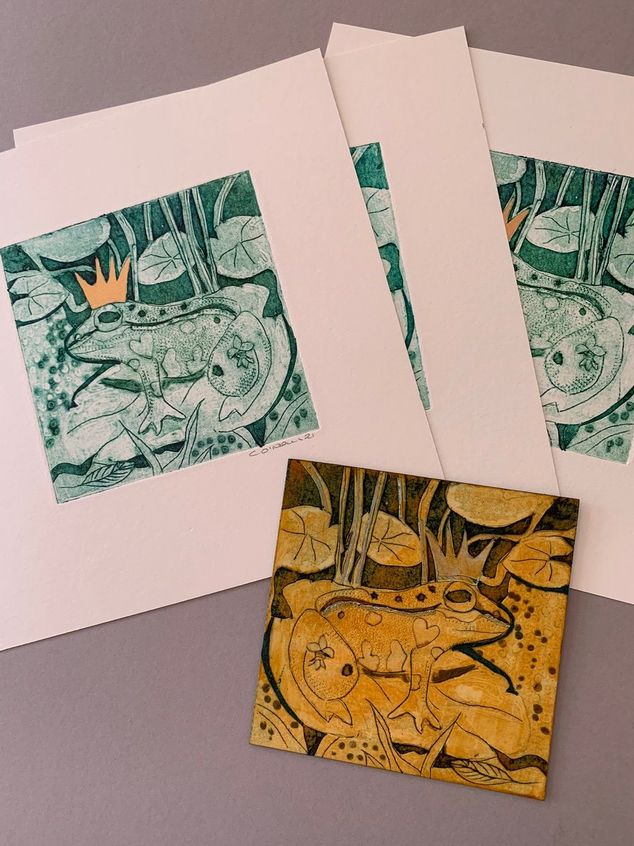 Little Emerald  Green Frog  with a Gold Crown -  Original Collagraph Print