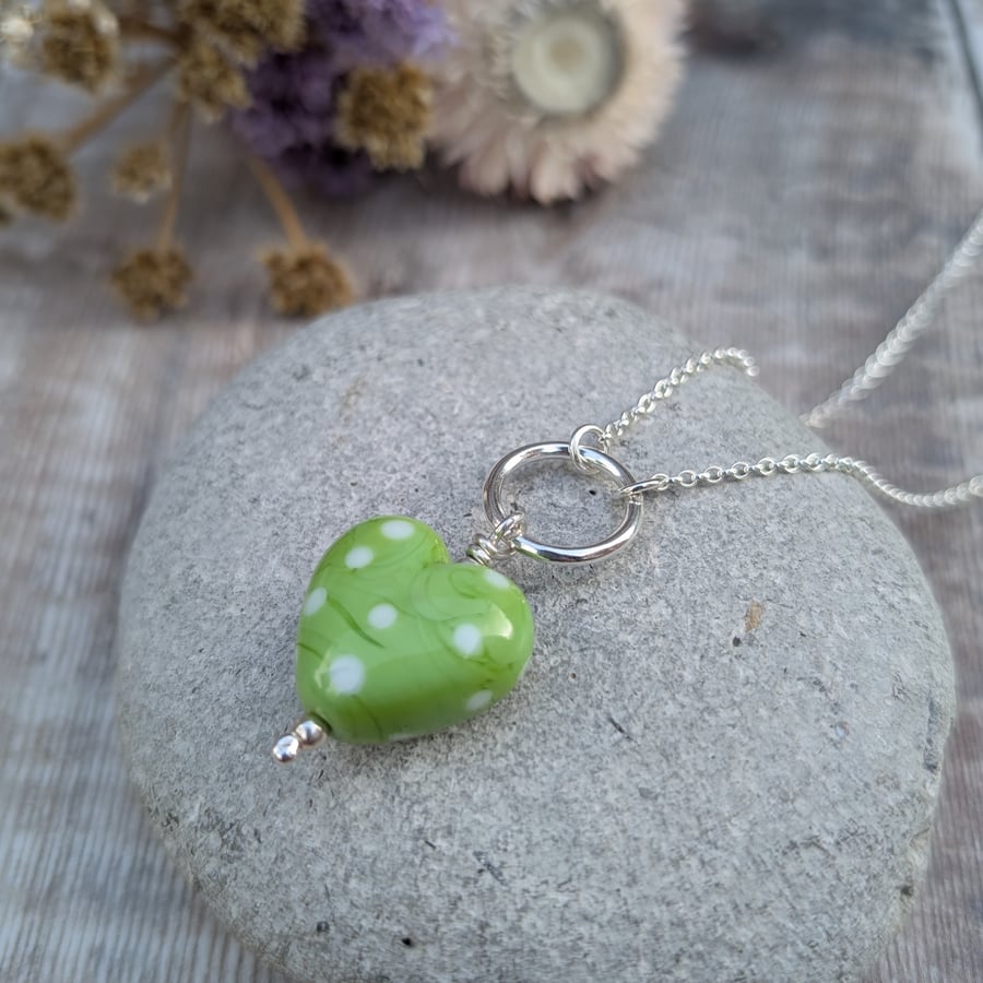 Sterling Silver Green Spotty Lampwork Heart Necklace