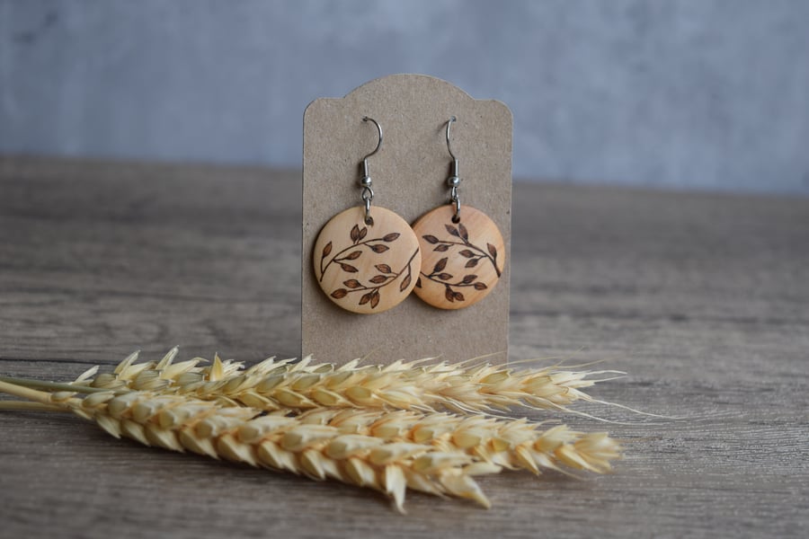 Wooden Pyrography Earrings - Leaves MTO