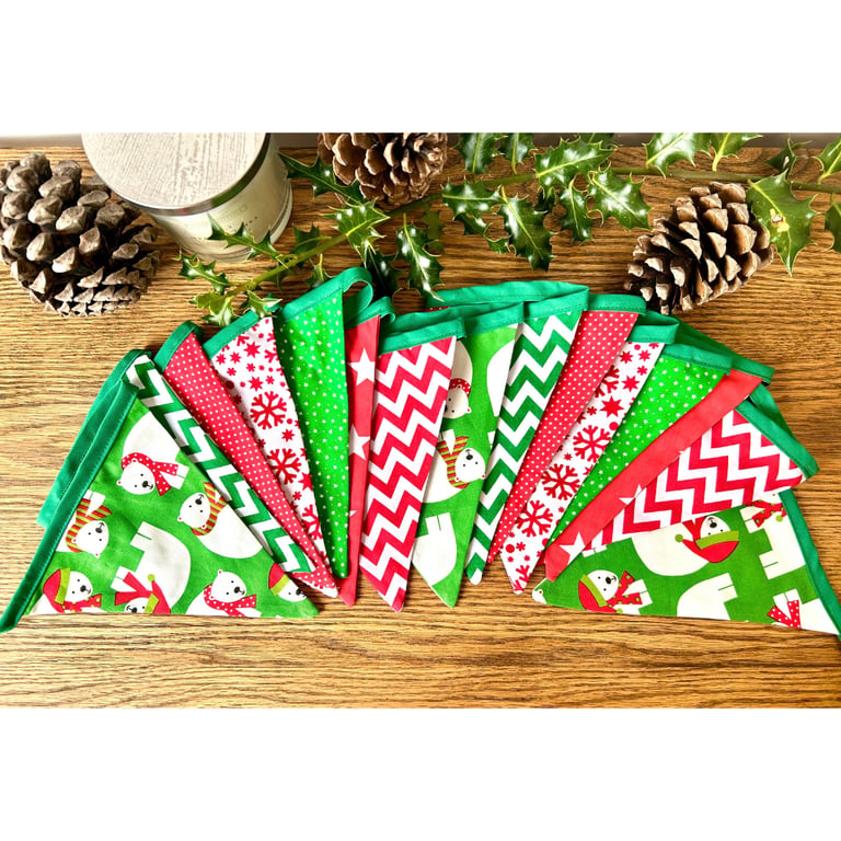 Handmade Red & Green Christmas Bunting (Extra Long) - Handmade Fabric Garland