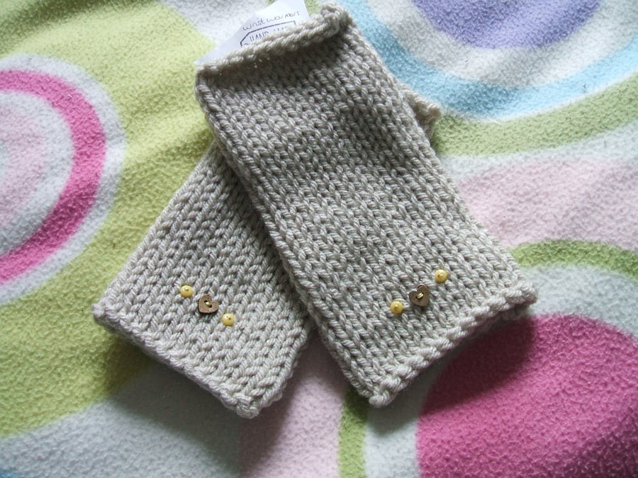 Beige hand knitted wrist warmers with button detail - adult size