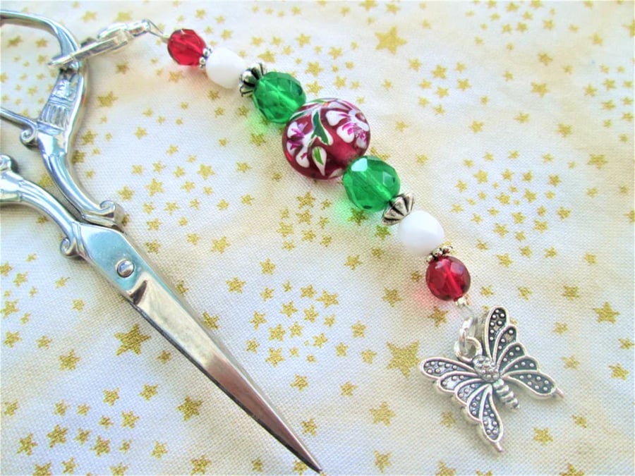 Beaded scissor fob with silver butterfly charm, bag or purse decoration