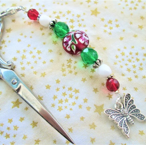 Beaded scissor fob with silver butterfly charm, bag or purse decoration