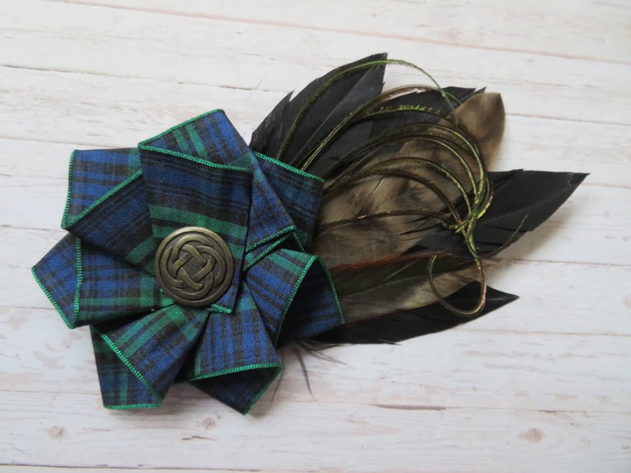 Black Watch Tartan Ruffle Celtic Brass Button Feather Hat or Hair Clip 