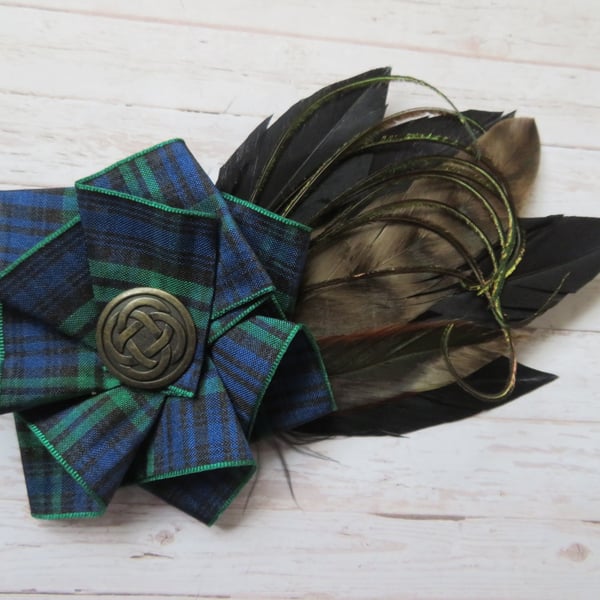 Black Watch Tartan Ruffle Celtic Brass Button Feather Hat or Hair Clip 