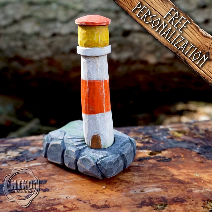 Hand-Carved Wooden Lighthouse – Personalised Home Decor. Whittled from Basswood