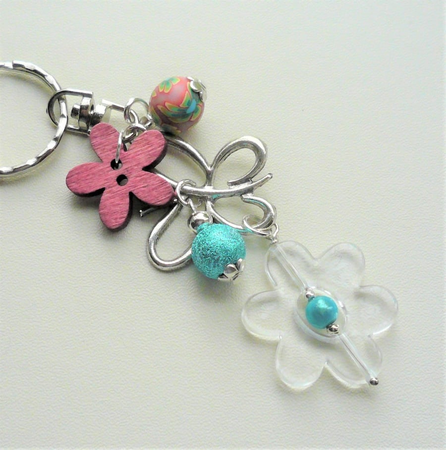 Blue and Pink Silver Mixed Bead Butterfly Keyring Bag Charm  KCJ2147