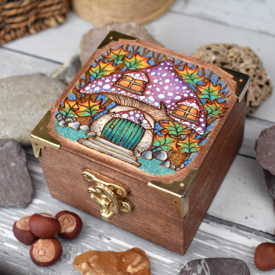 Toadstool house pyrography wooden box, jewellery box, treasure keeper.