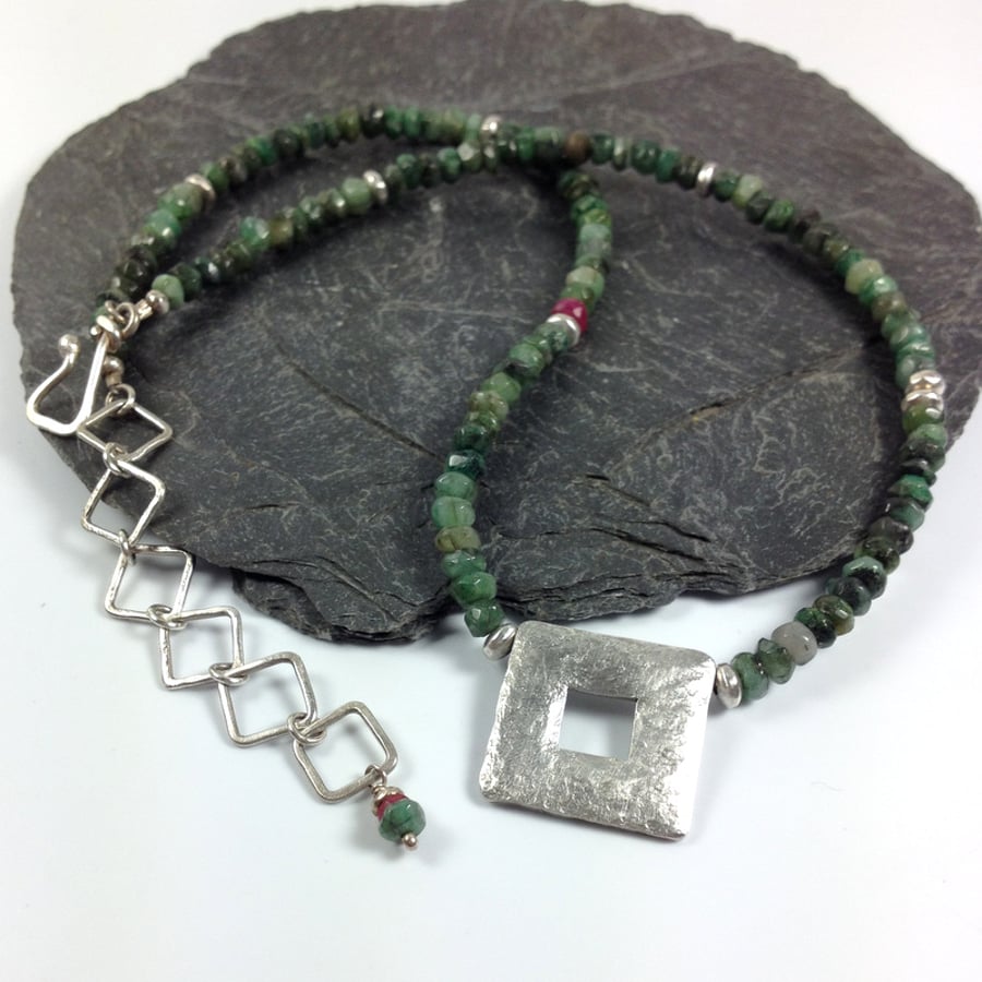 Silver emerald and ruby Quadrat necklace