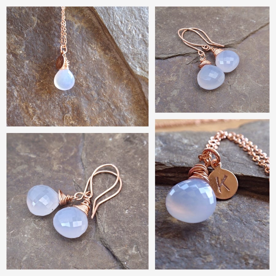 Rose gold chalcedony earrings and necklace jewellery set, christmas gift for her