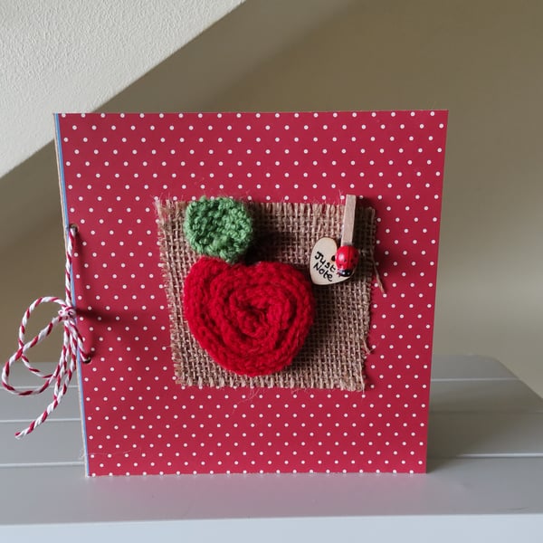Hand Made Knitted Red Apple Thank You Card, Teacher Thank You Card