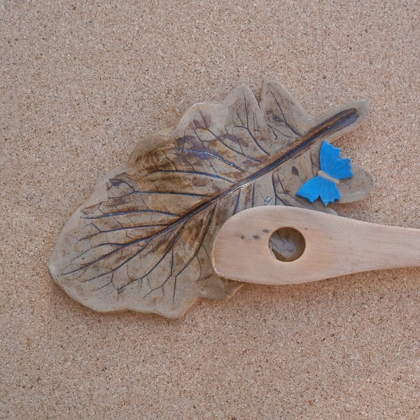 Brown leaf spoon rest with blue butterfly, Ceramic gerbera leaf, 2not