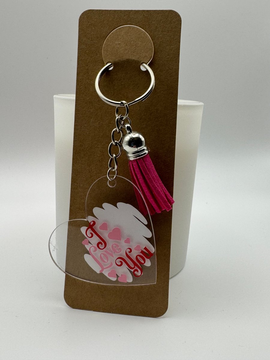 I Love You Heart Keychain – Clear Acrylic Valentine Gift with Pink Tassel