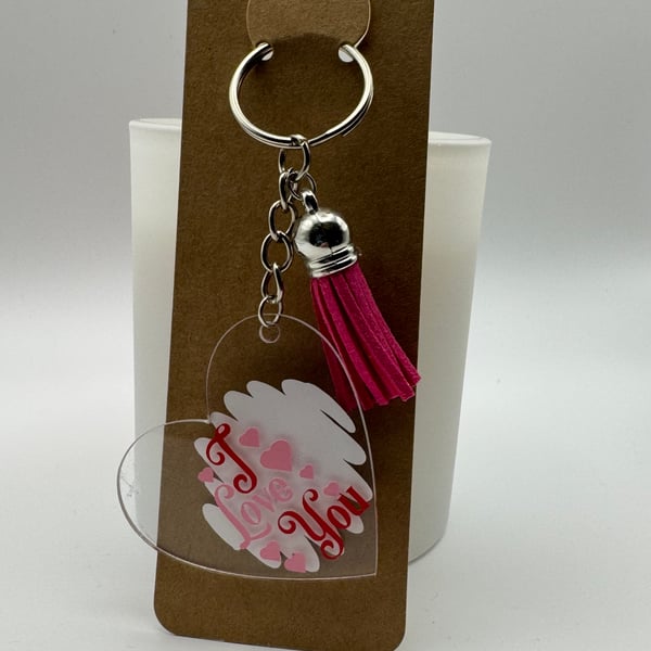 I Love You Heart Keychain – Clear Acrylic Valentine Gift with Pink Tassel