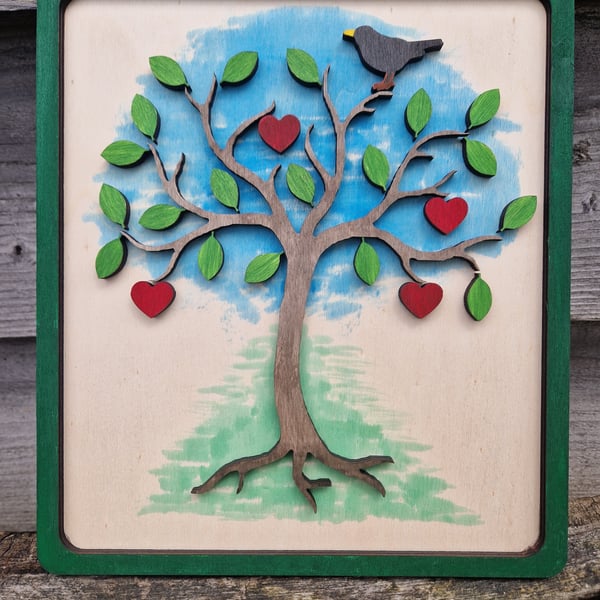 The Bird and the Tree. Wooden wall hanging picture.