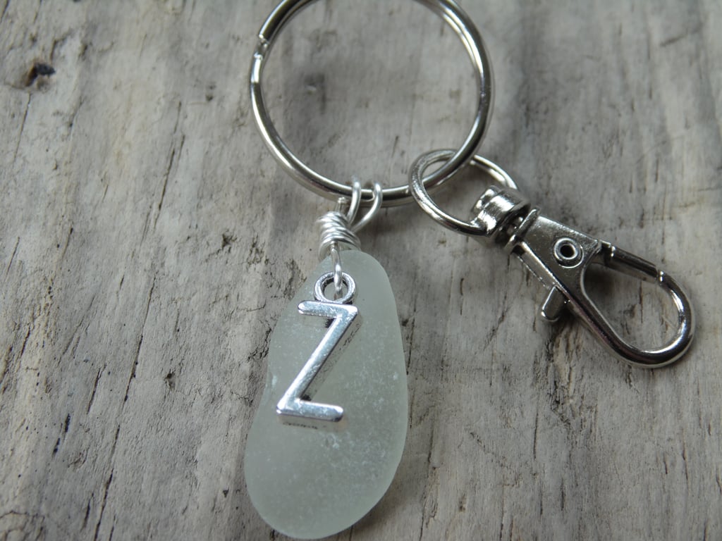 Initial 'Z' White Cornish Sea Glass Bag Charm Keyring K722