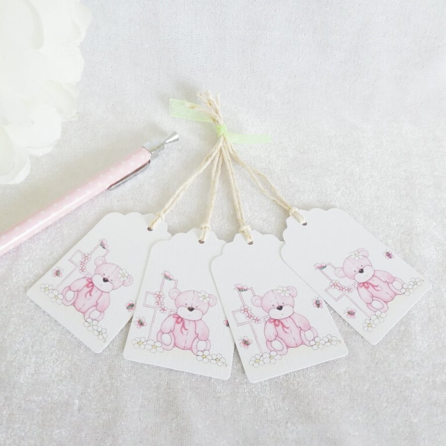 Christening Pink Bear & Cross Gift Tags - set of 4 tags