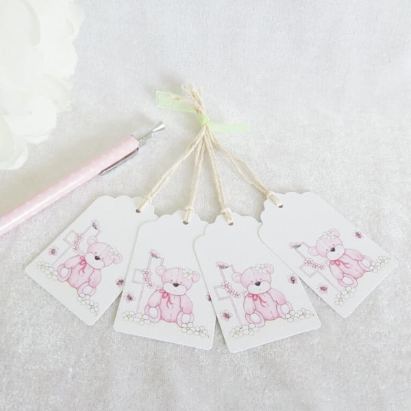 Christening Pink Bear & Cross Gift Tags - set of 4 tags