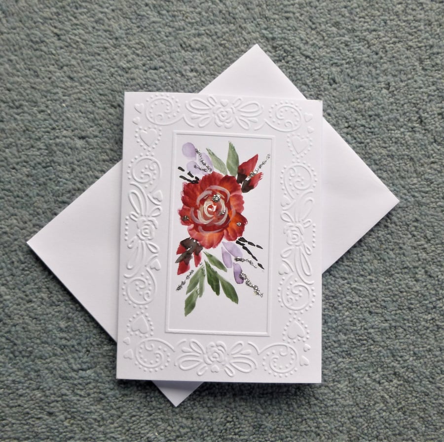 blank hand painted rose greetings card ( ref F 377.S2 )