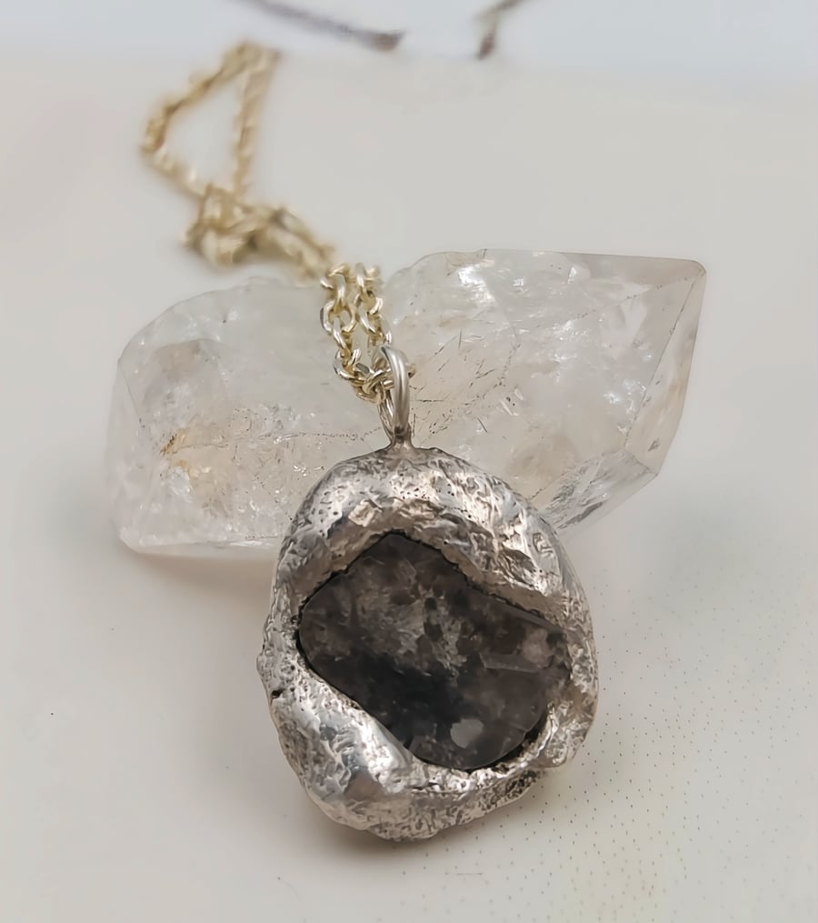 Sterling Silver Molten Diamond Slice Pendant, Raw Diamond Necklace