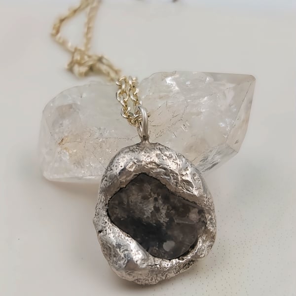 Sterling Silver Molten Diamond Slice Pendant, Raw Diamond Necklace