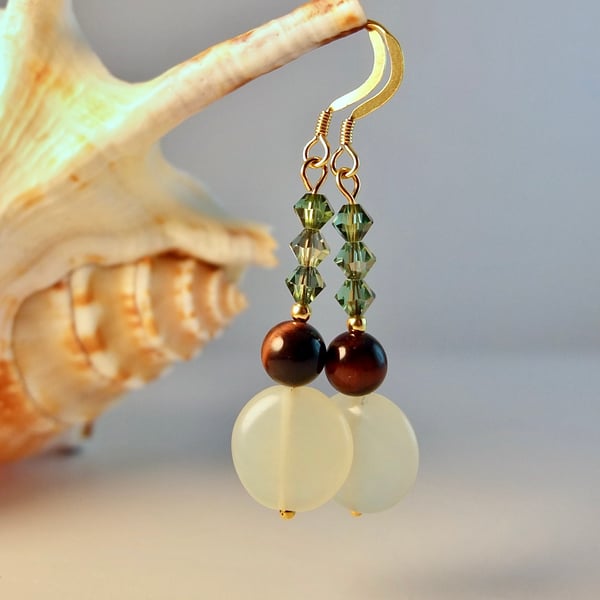 New Jade And Tiger's Eye Earrings With Swarovski Crystals - Handmade In Devon