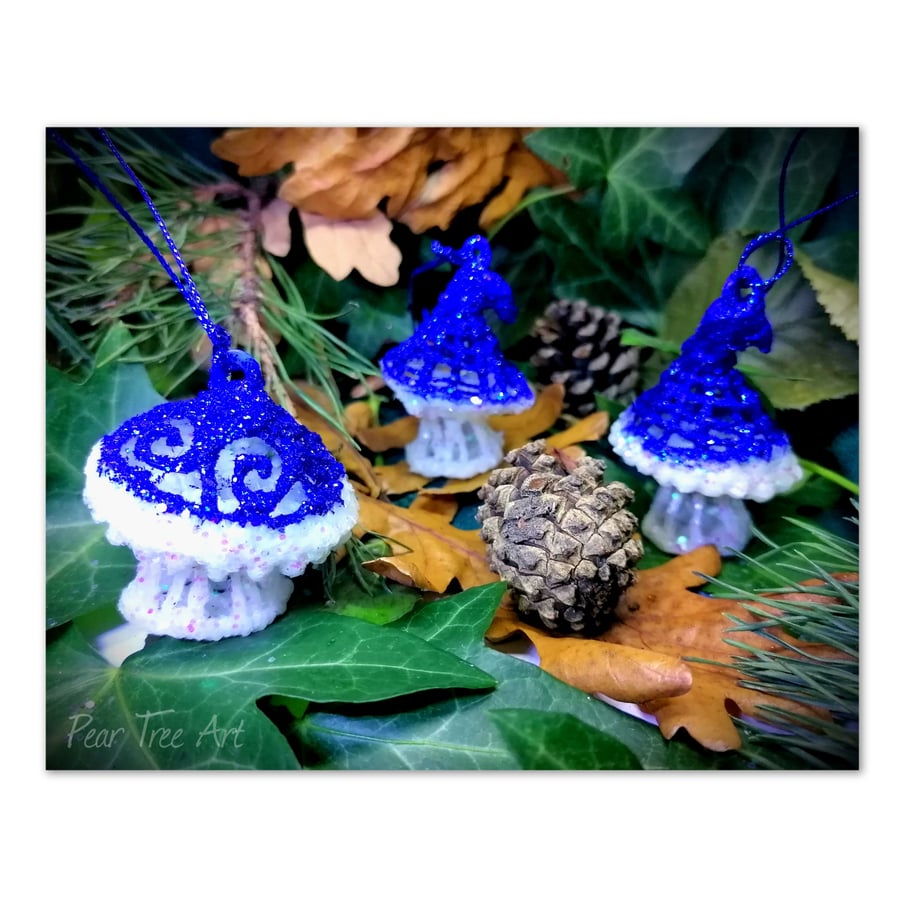 Handmade Blue Toadstool Christmas decorations set of 3