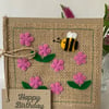 Handmade Birthday card. Pink flowers with bee from wool felt. Keepsake card.