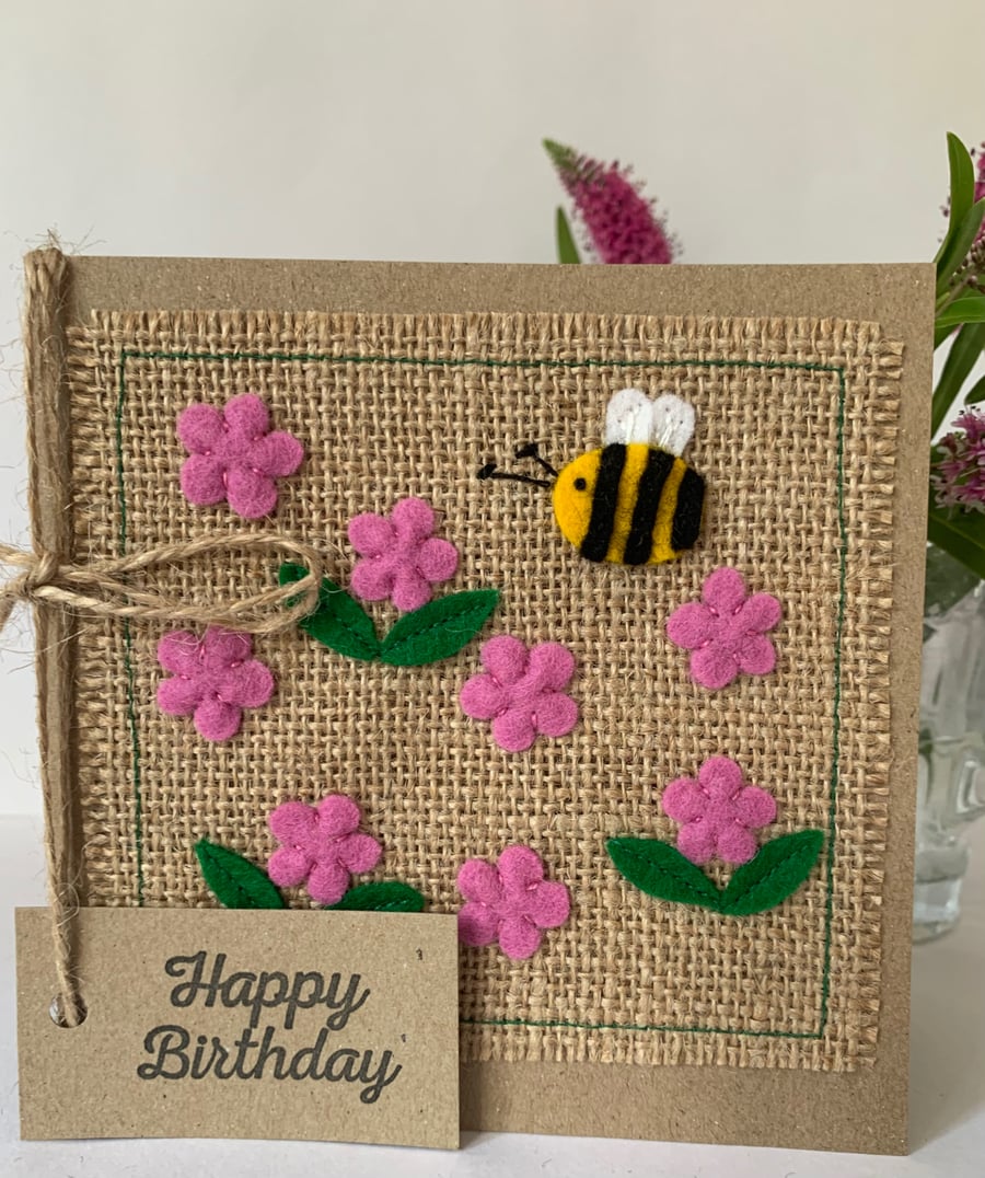 Handmade Birthday card. Pink flowers with bee from wool felt. Keepsake card.