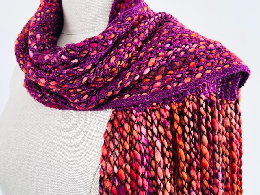 Handmade Silk and Merino Wool Scarf in Vibrant Purple, Pinks and Reds