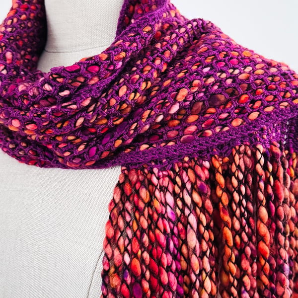 Handmade Silk and Merino Wool Scarf in Vibrant Purple, Pinks and Reds