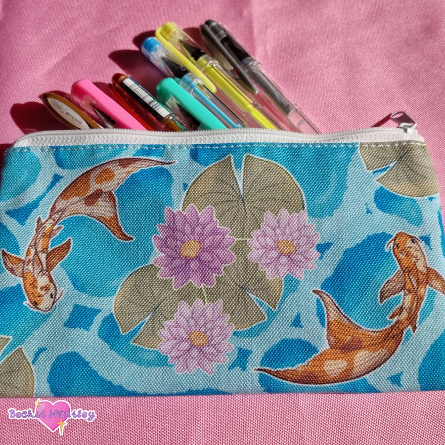 Koi Pond Canvas Pouch - Cute Gifts - Makeup Bag, Pencil Case