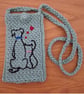 Sage Green Crochet Phone Or Glasses Bag With Embroidered Cat And Dog (J197) - Image 2